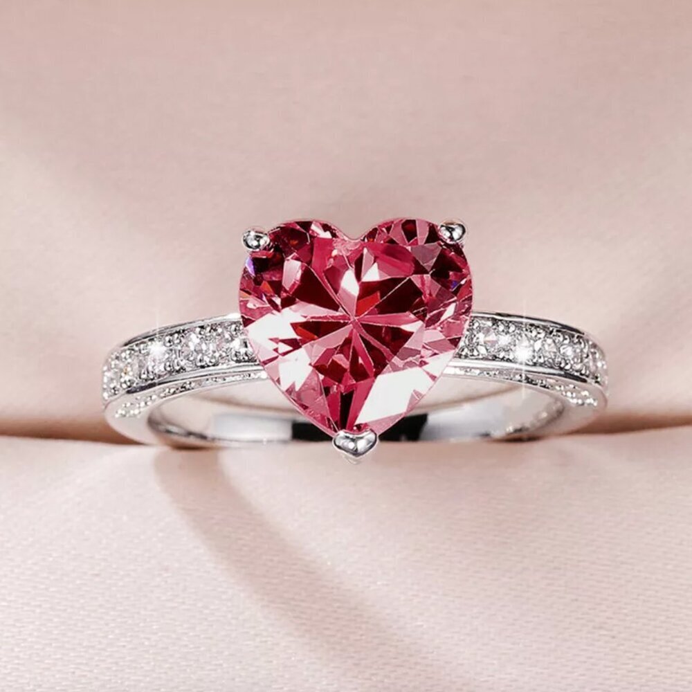 925 Sterling Silver Ruby Diamond Heart Ring